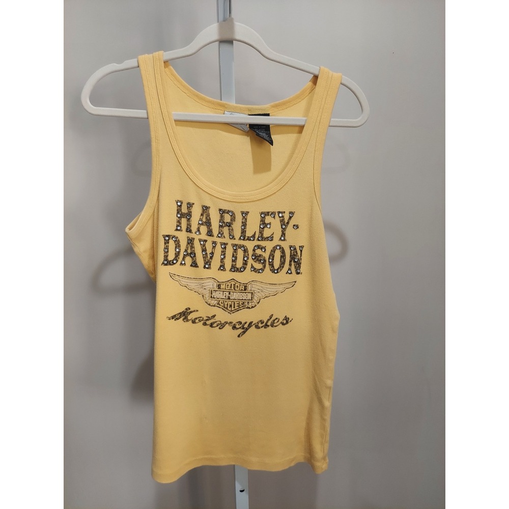 Harley-Davidson Womens Yellow Rhinestone Graphic Ribbed Tank Top XL Biker Moto